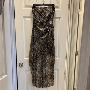 Strapless Brown Animal Print High-Low Dress with Jewels and Sequence